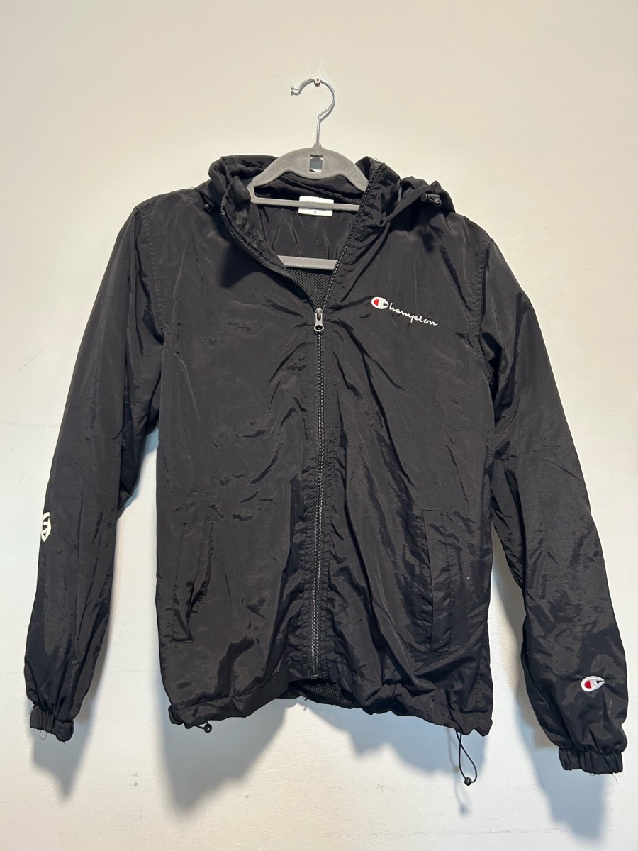 Black printed champion wind breaker jacket zip up