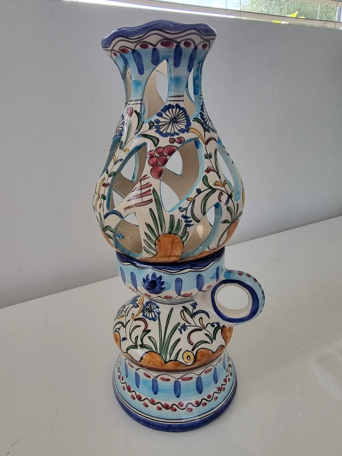 Vintage Portuguese hand painted ceramic candle burner/fairylight lantern