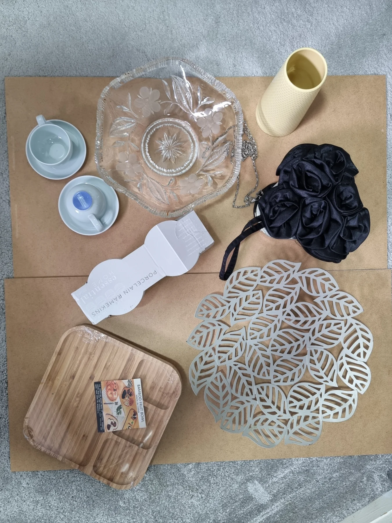 Home & Kitchen Job Lot - Bamboo Tray, Ramekins, Crystal Glassware & Evening Bag