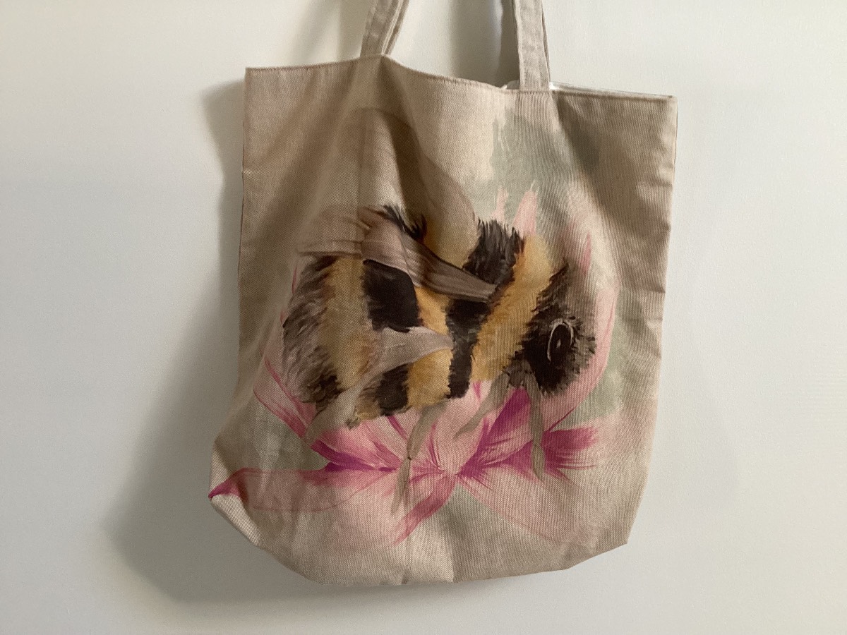 Large Bee Themed Lined Linen Look Beige Fabric Shopping Bag/Tote Bag