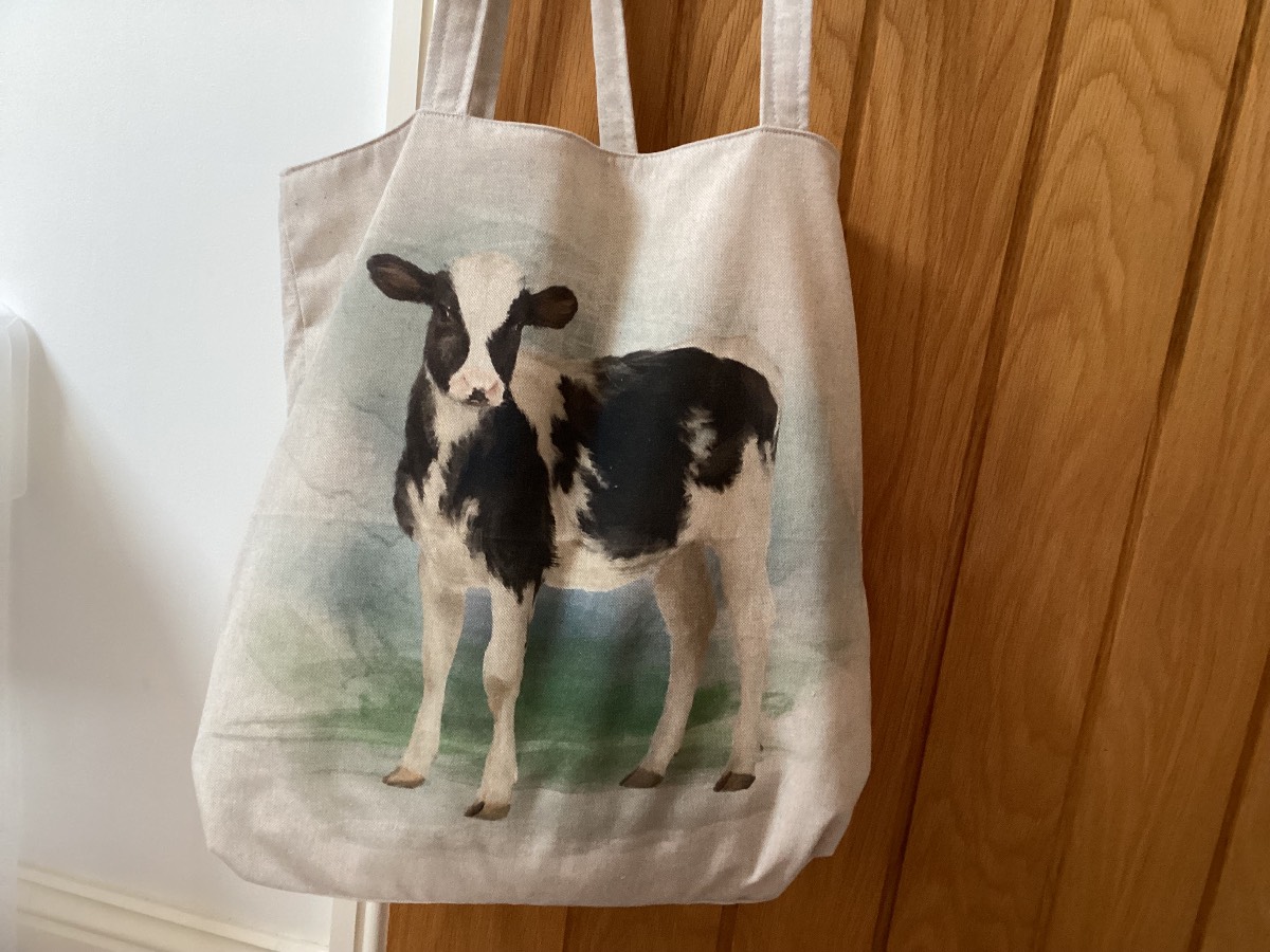 Large Cow Calf Themed Lined Linen Look Beige Fabric Shopping Bag/Tote Bag