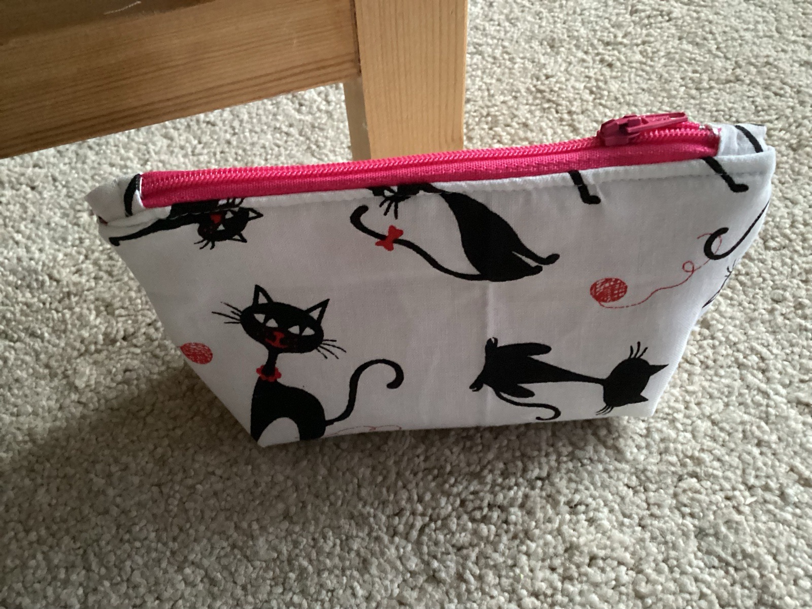 Small Fun Coin/Card Purse featuring a quirky black cat print on a white background, lined & zipped