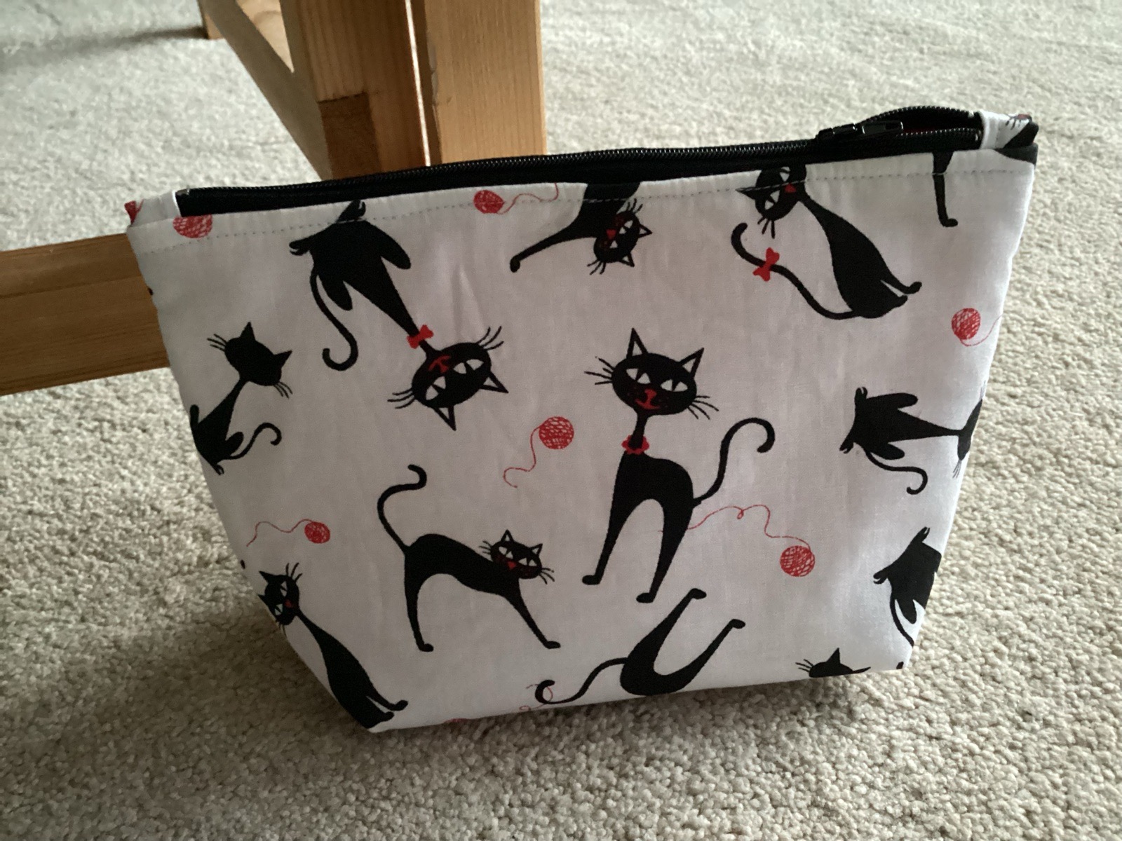Medium Size White with Quirky Black Cat Print, Lined, Zipped, Make Up Bag/Pouch