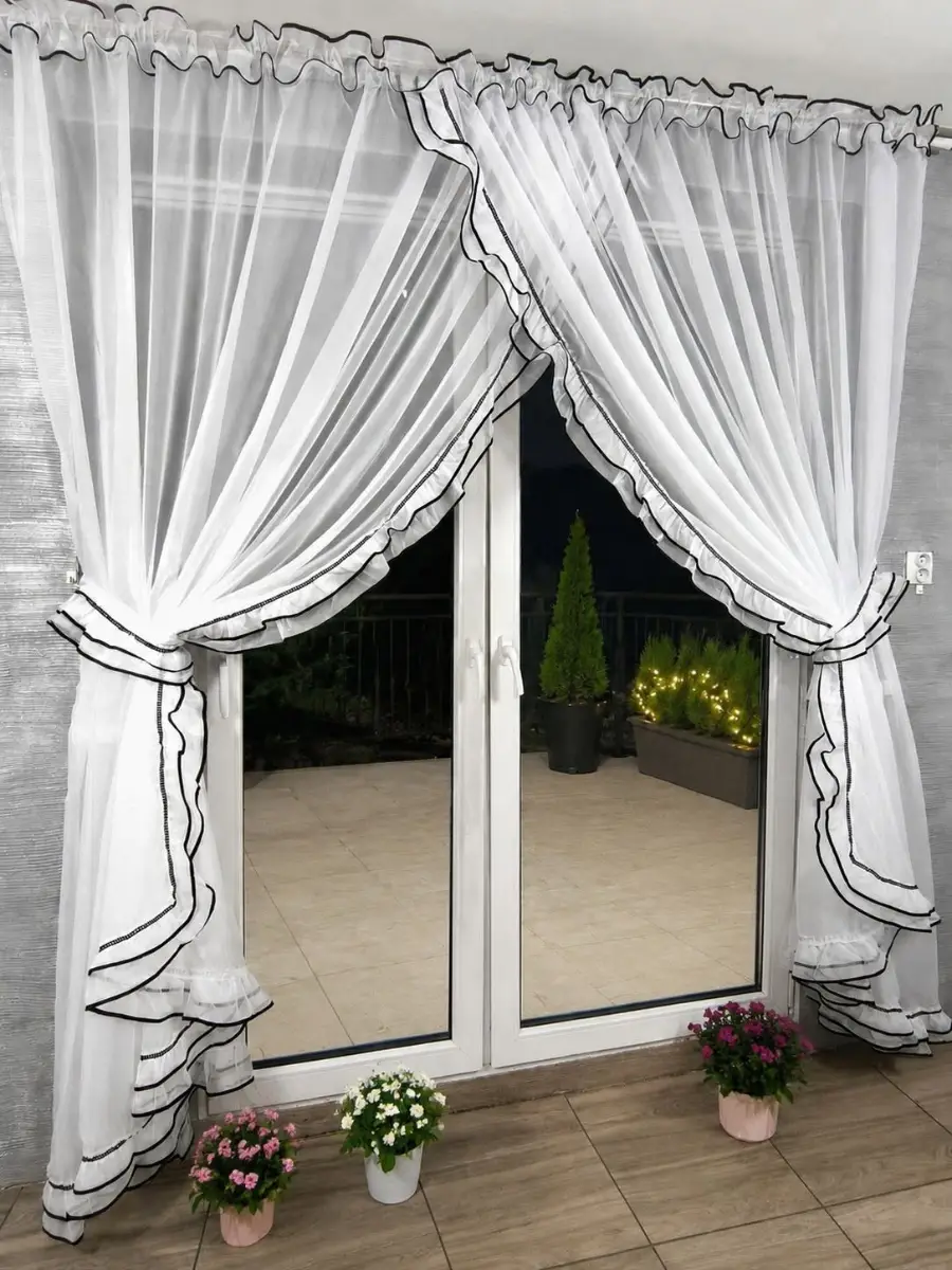 White Voile Curtain Set with Black Trim Ruffle Panels Window Drapes 250x400 cm