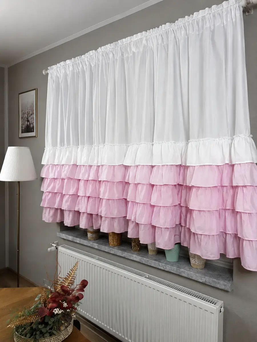 ruffled voile curtain – white & pastel pink – 130 × 300 cm (51 × 118 in)