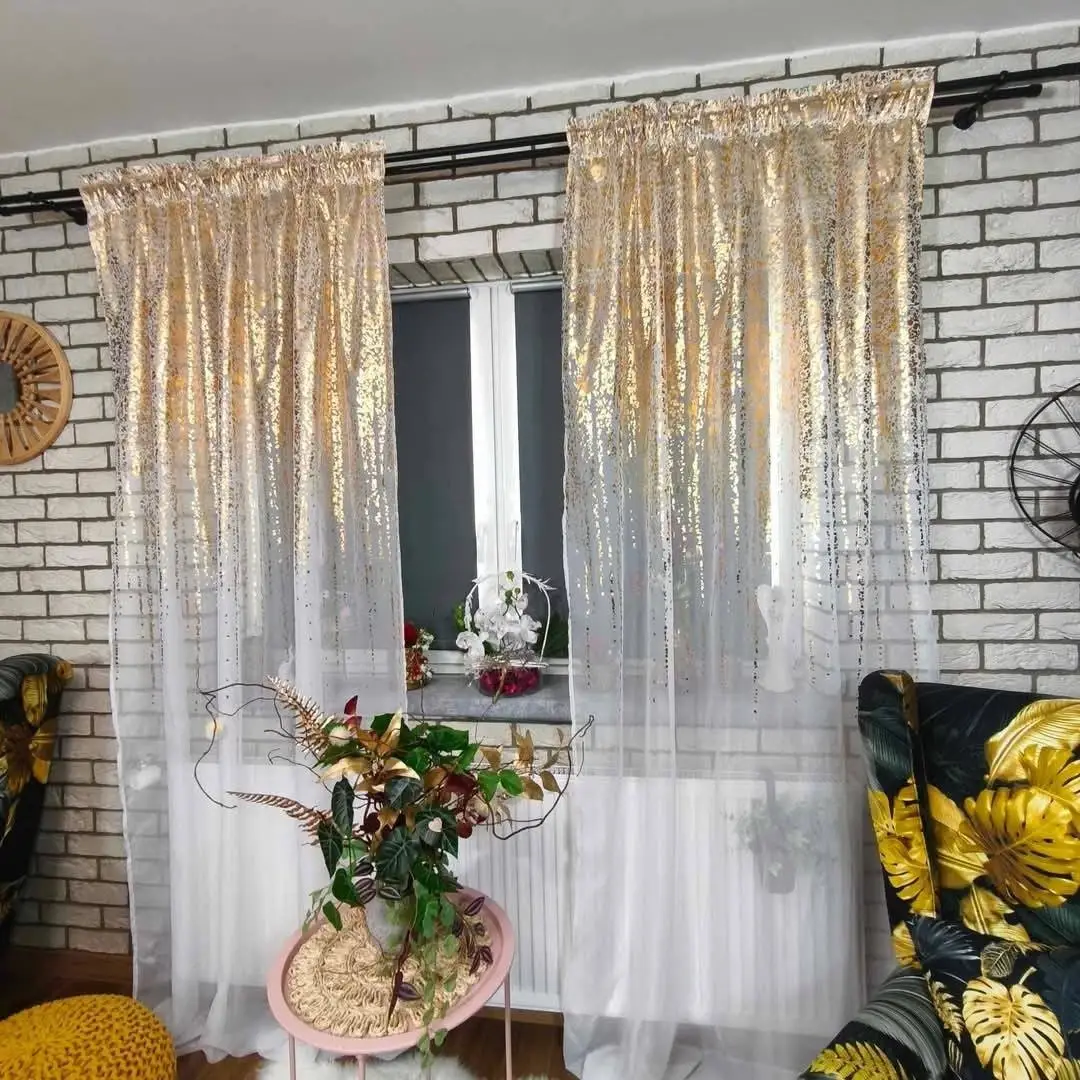 Elegant Sheer Curtains with Gold Pattern – Set of 2