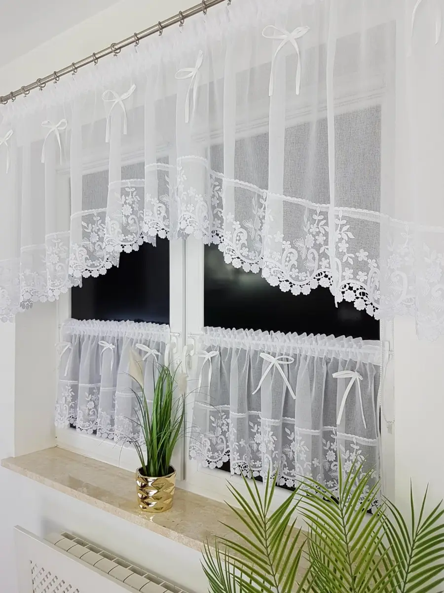 White Kitchen Curtain Set Embroidered Lace Bows 300x90 + 2x140x50cm Ready Made