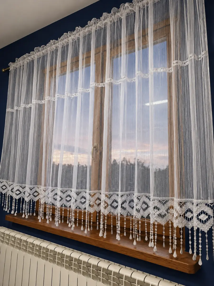 Ready Made White String Voile Curtain with Lace & Beaded Tassels 400x160 cm Window Panel