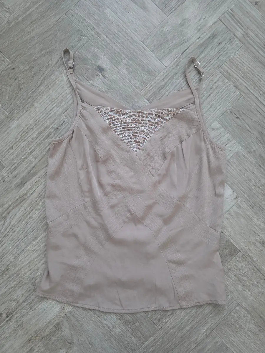 Vintage Taupe/Beige Y2K Silk Embellished Cami Top. UK 8