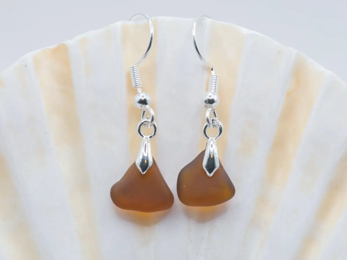 Silver plated amber sea glass dangle sea earrings