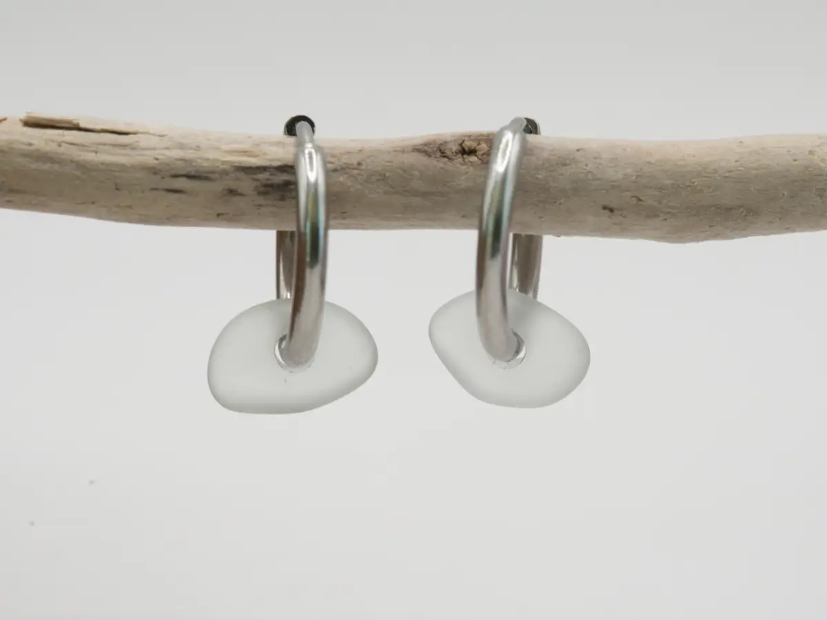 White sea glass 15mm huggie hoop earrings hypoallergenic stainless steel