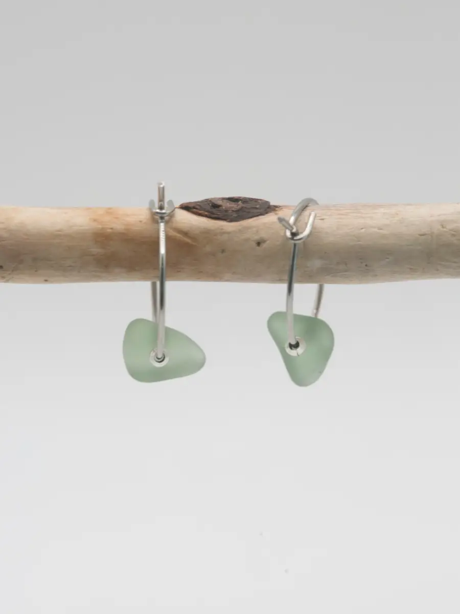 Hypoallergenic stainless steel 15mm hoop sea glass earrings - mint green