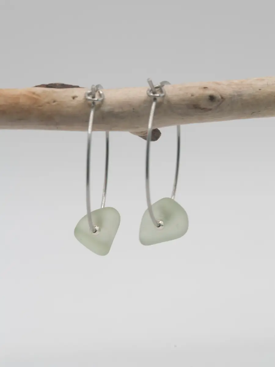 Hypoallergenic stainless steel 25mm hoop sea glass earrings - clear with a hint of green
