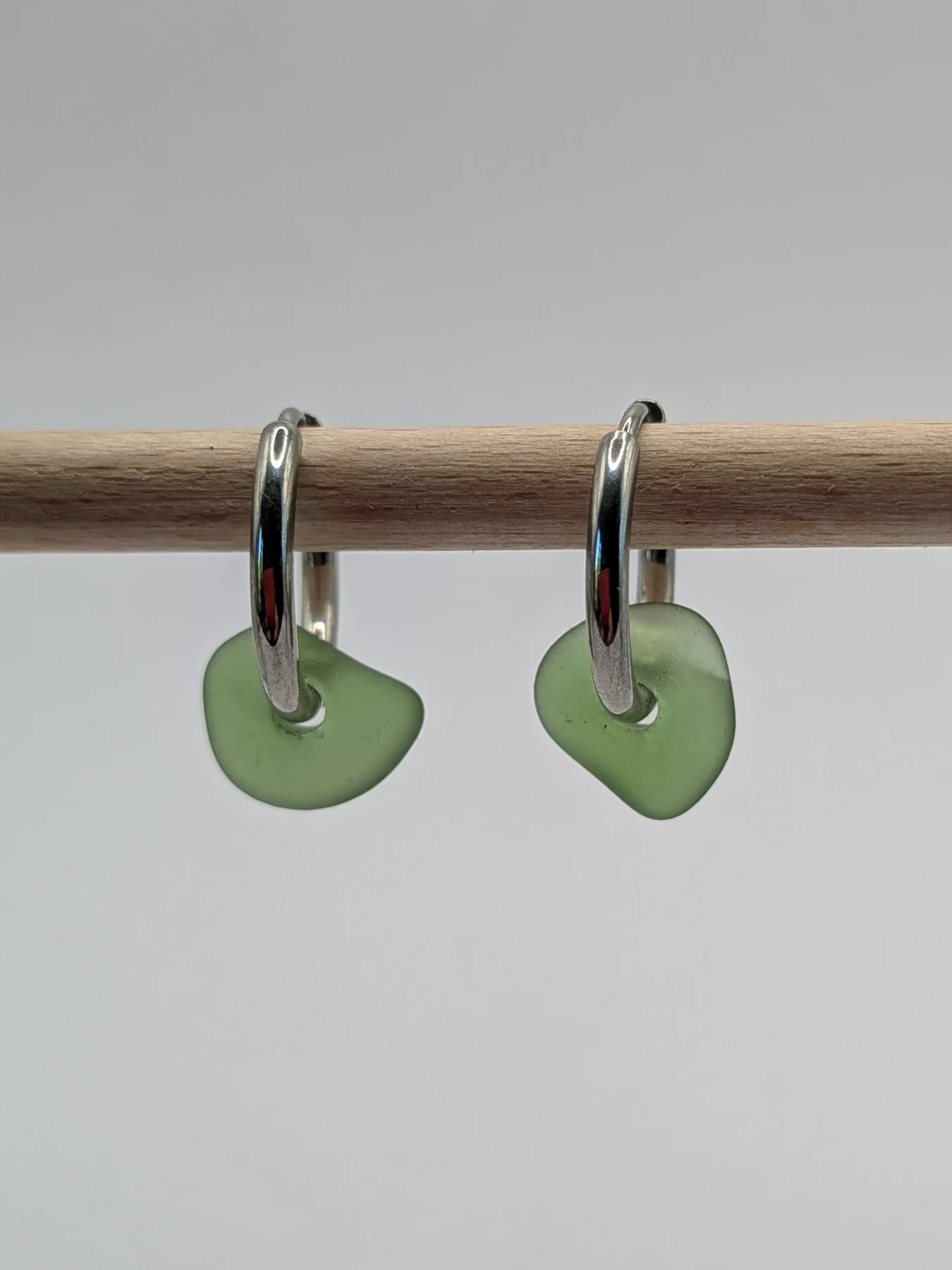 Sea glass huggie hoop earrings (15 mm), hypoallergenic stainless steel - green