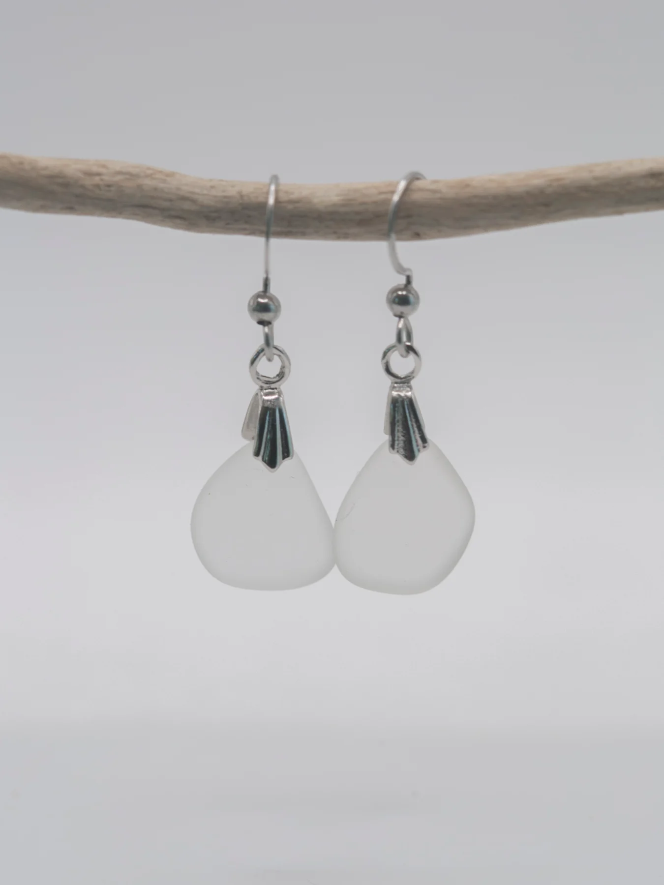 Sea glass drop dangle earrings, white sea glass, hypoallergenic stainless steel