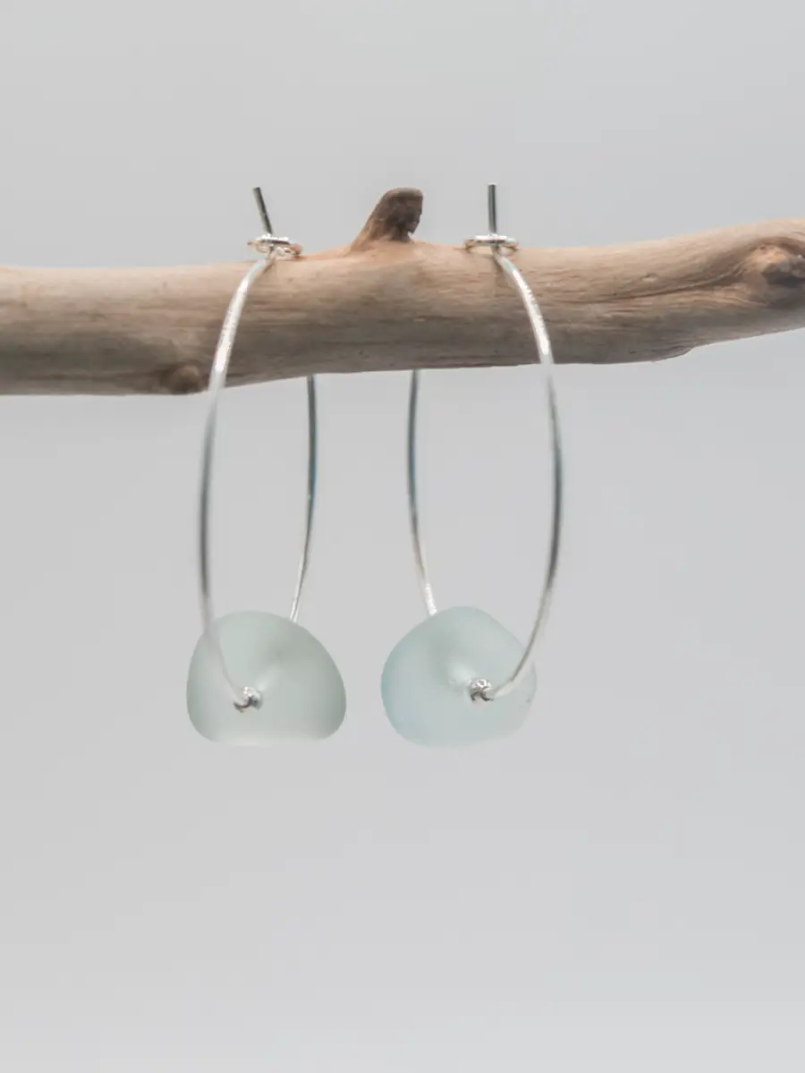 Aqua sea glass 30mm silver plated hoop earrings