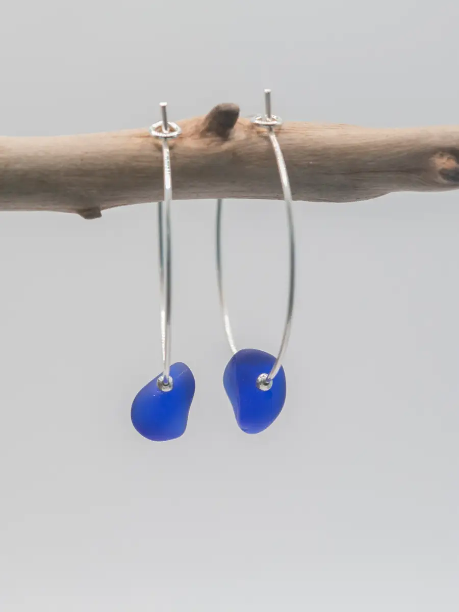Rare cobalt blue sea glass 30mm silver plated hoop earrings