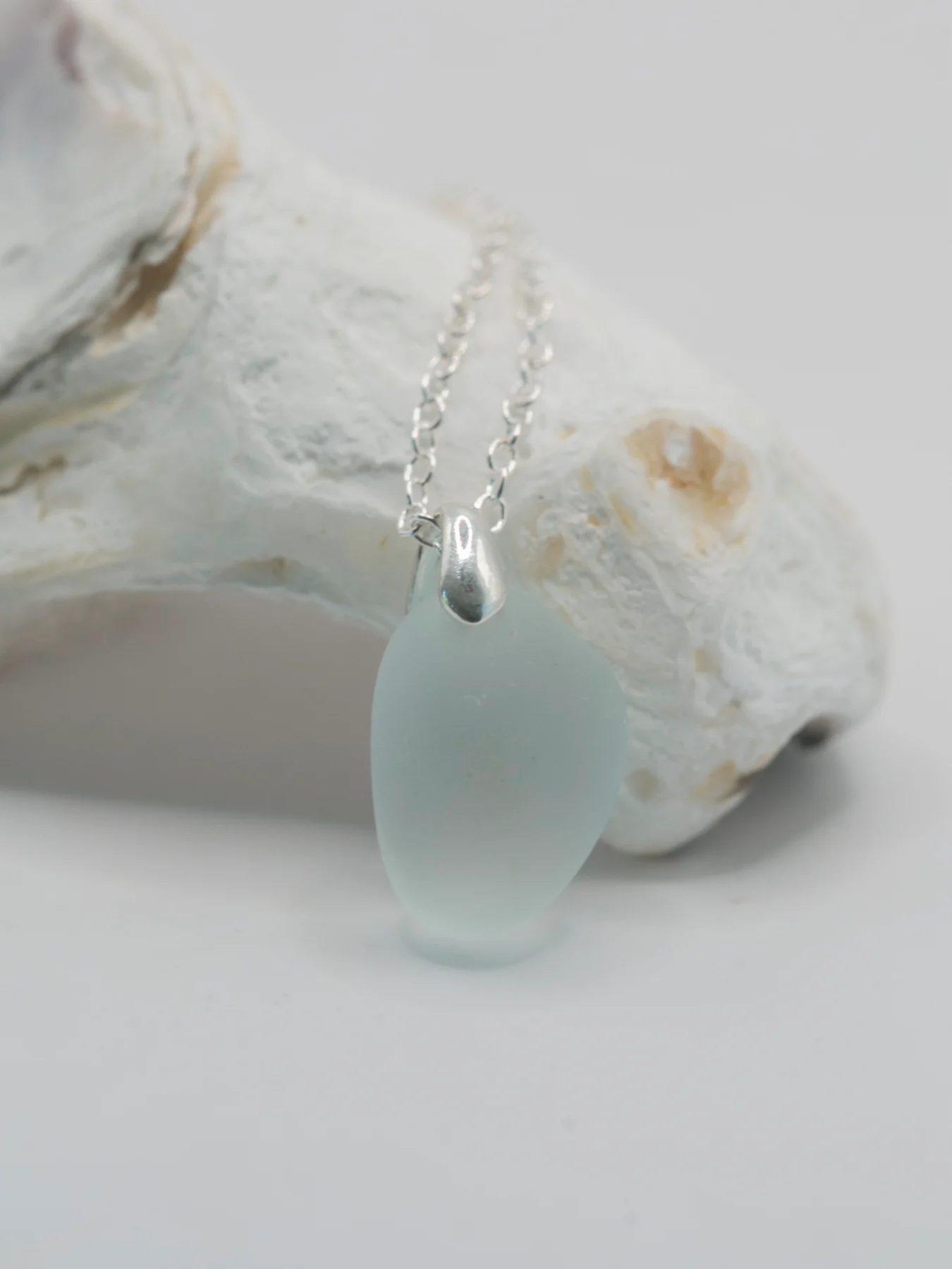 Aqua sea glass silver plated pendant necklace, 16"