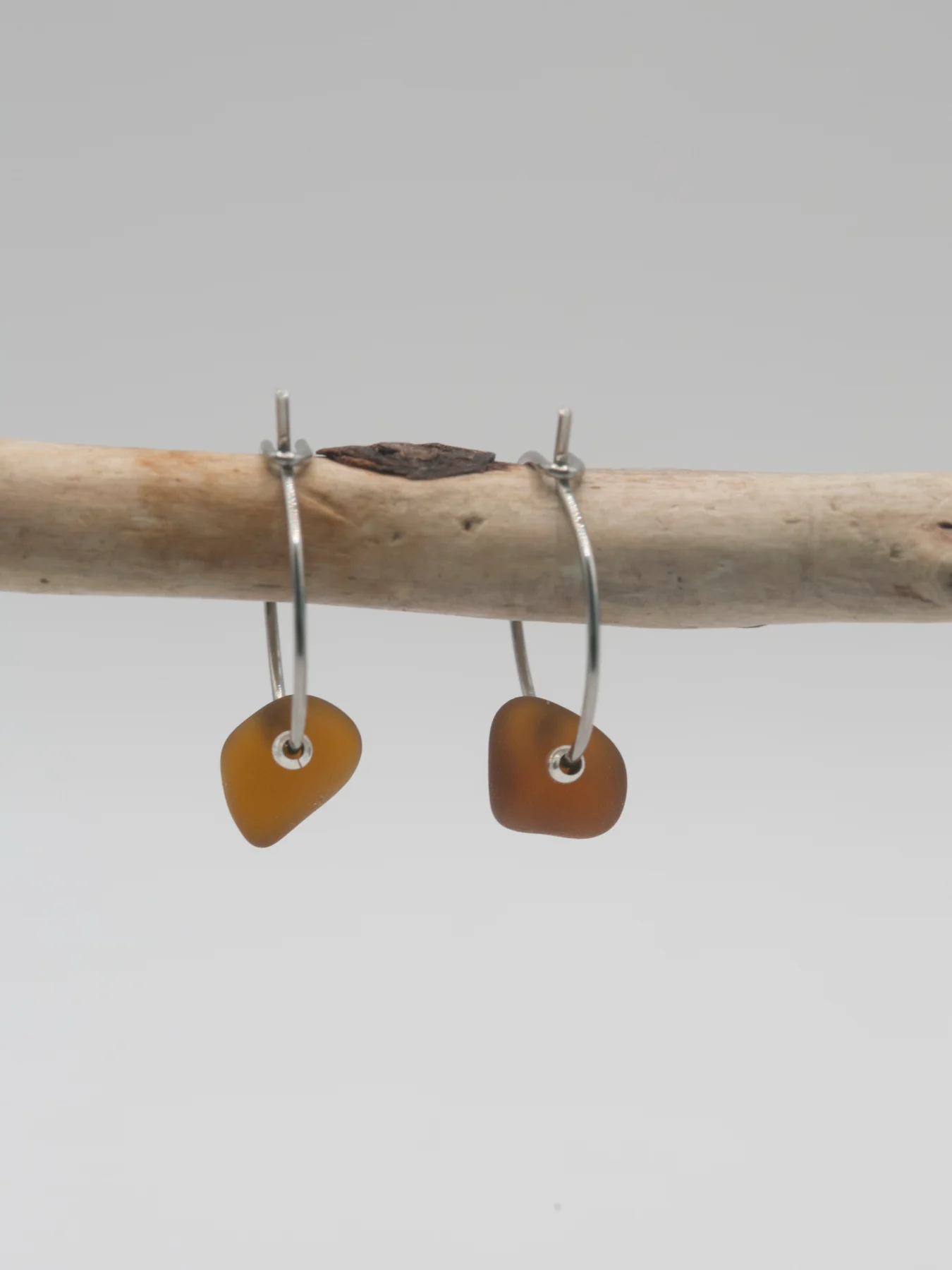 Amber sea glass earrings, hypoallergenic stainless steel hoops (15 mm)