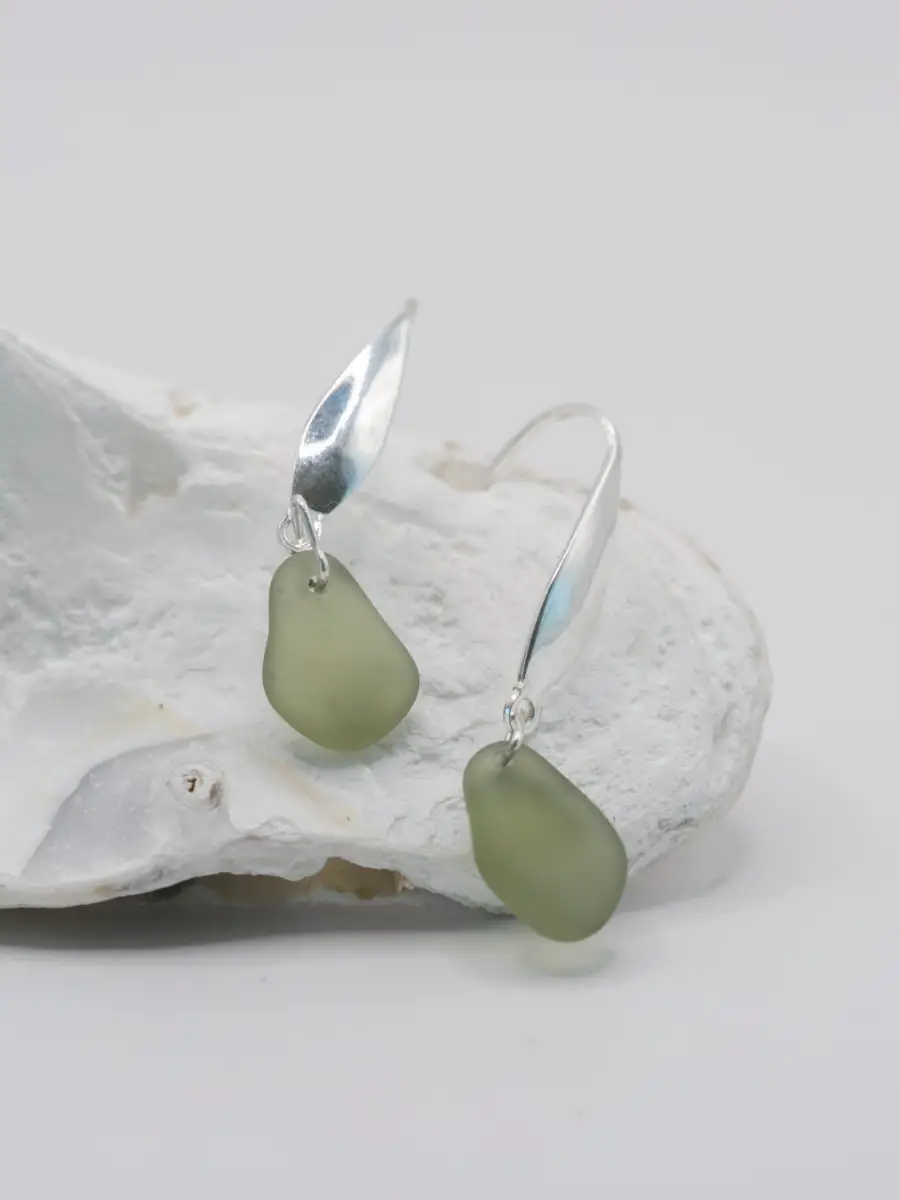 Olive green sea glass silver plated dangle earrings