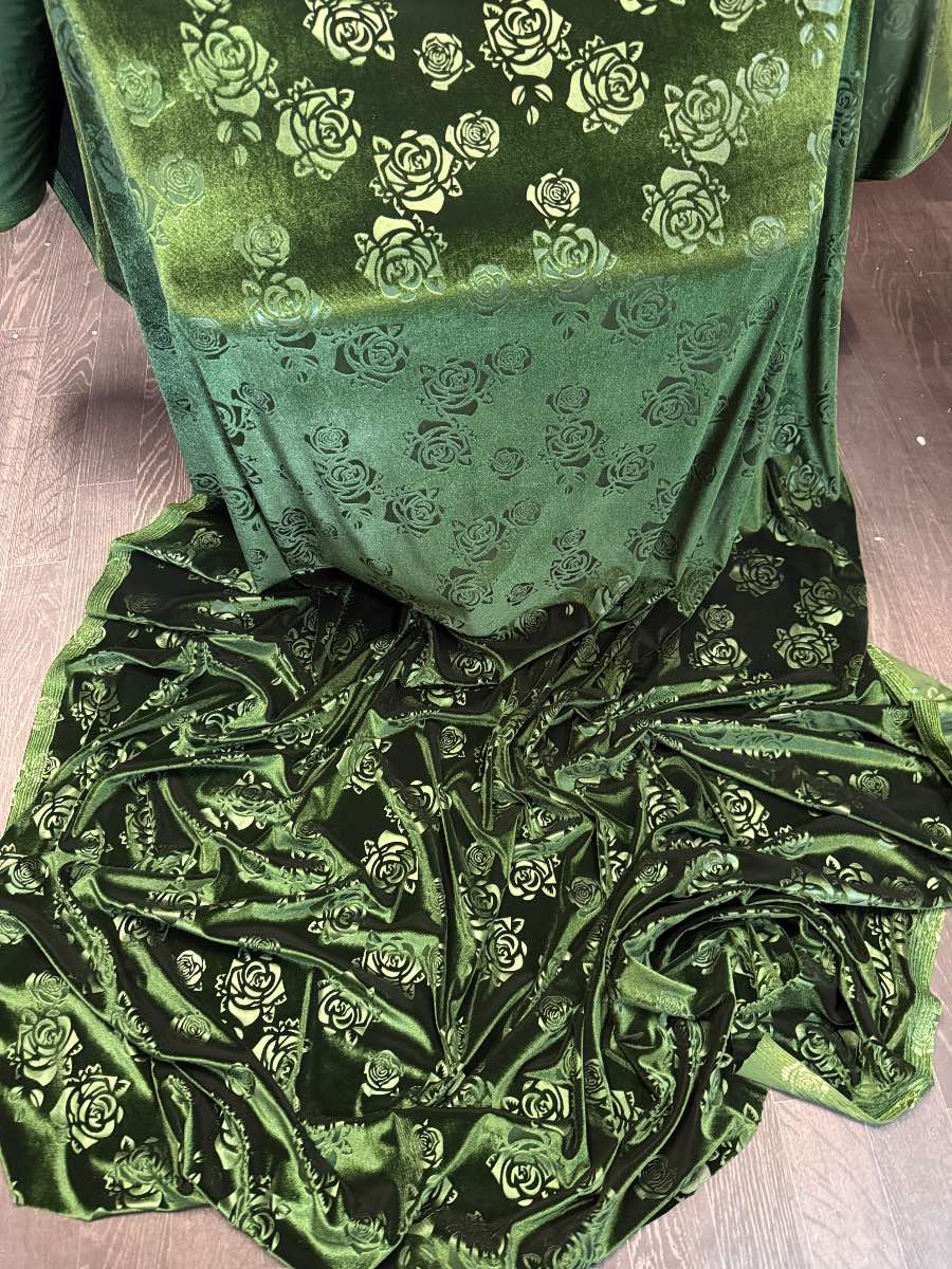 3 meter green embossed rose velour velvet fabric 58”