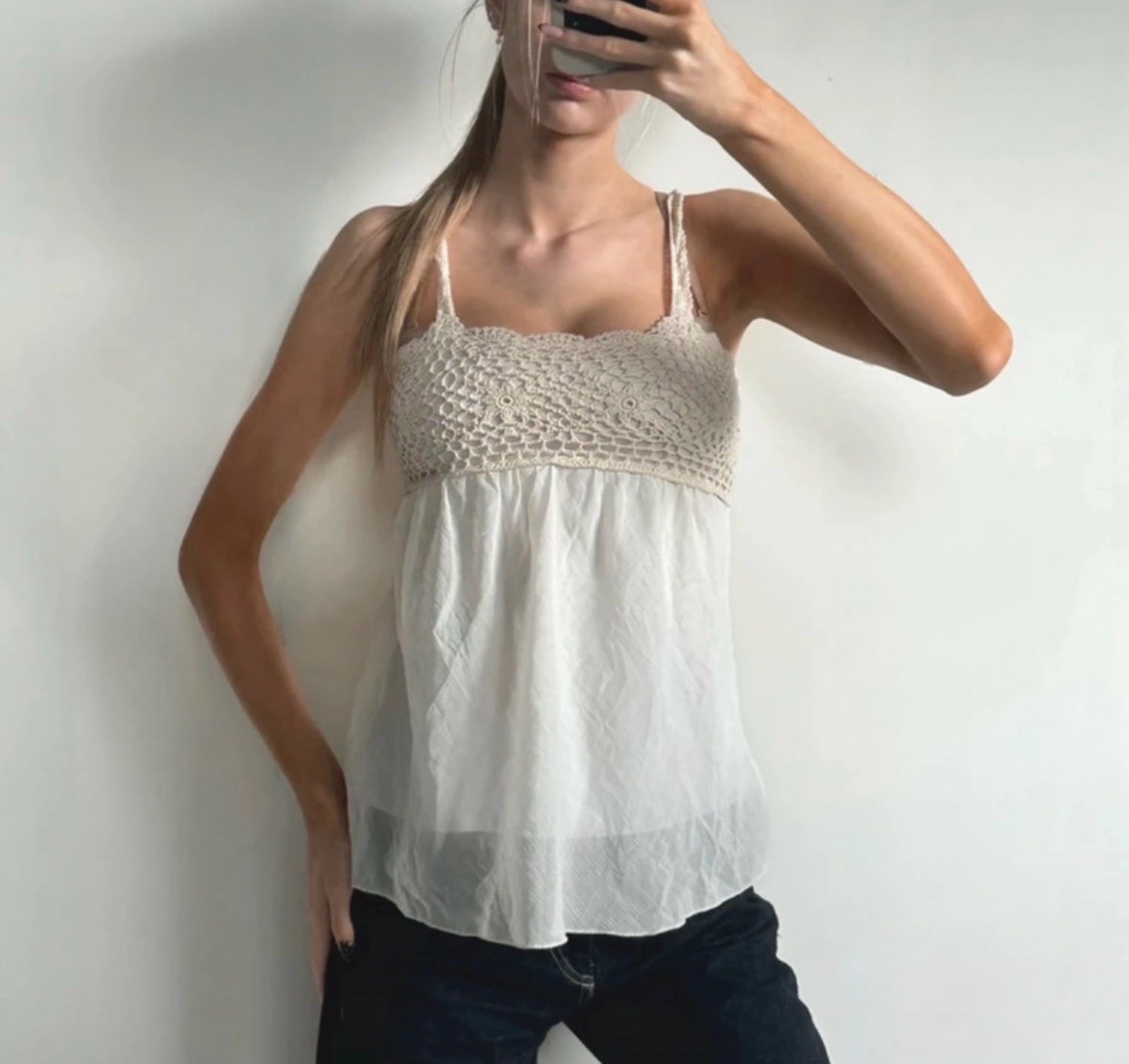 Vintage Body Central white beige cream lace cami top crochet ties boho chic size XS/S