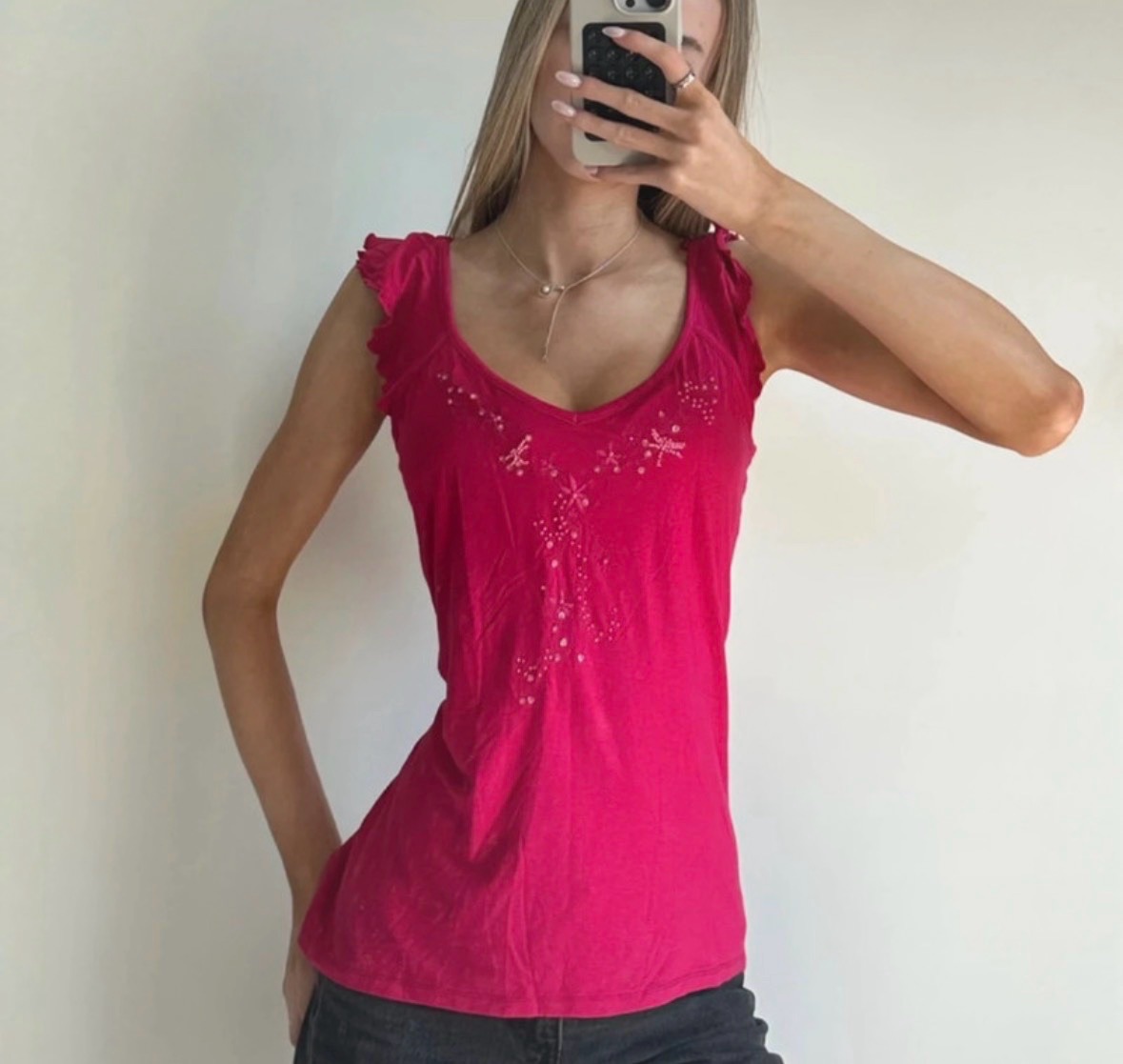 Vintage Dressing Hot Pink Ruffle Sleeve Tank Top Floral Embellished Y2K Summer Vest Size 16