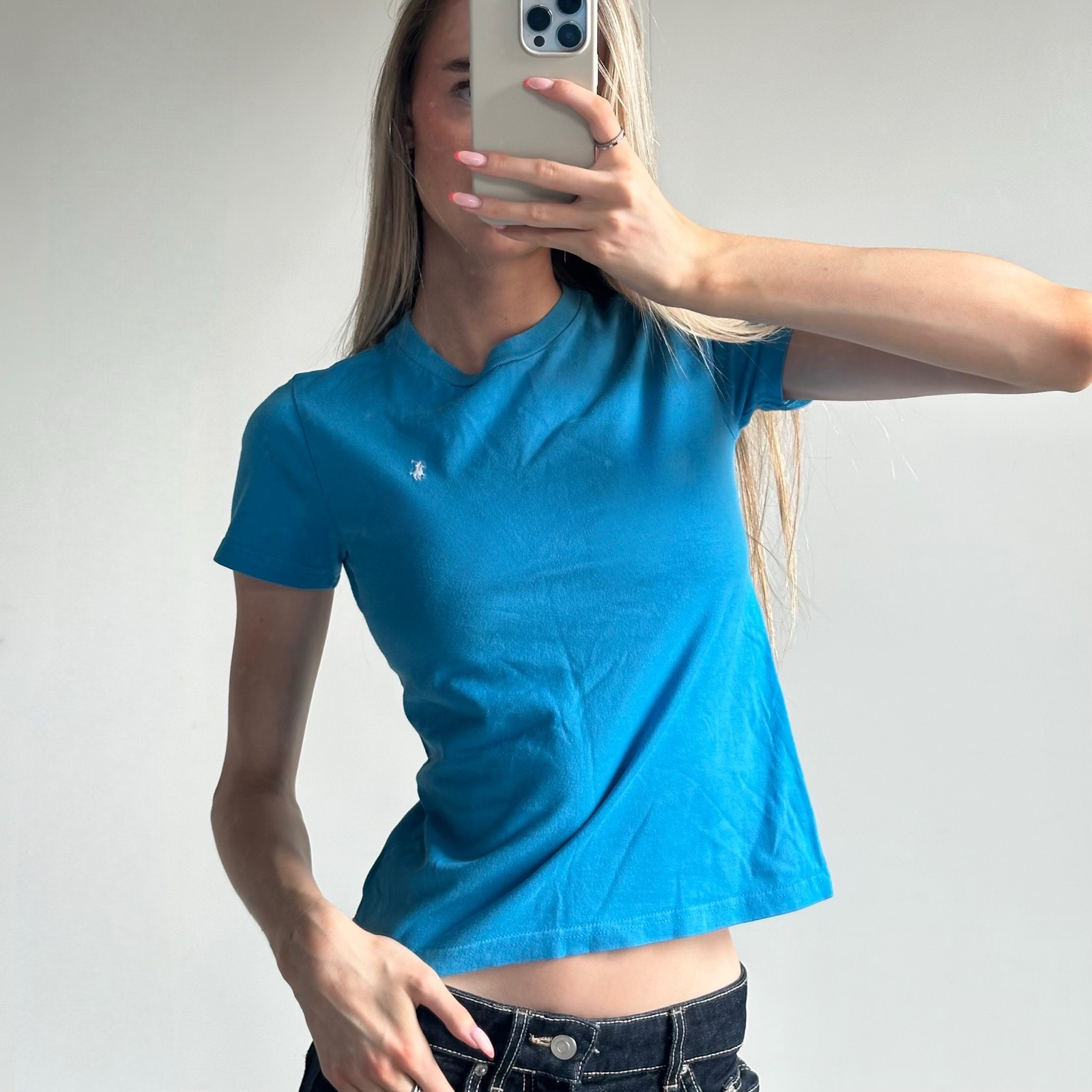 Vintage Ralph Lauren Bright Blue T-Shirt Size XS Short Sleeve Embroidered Logo Top