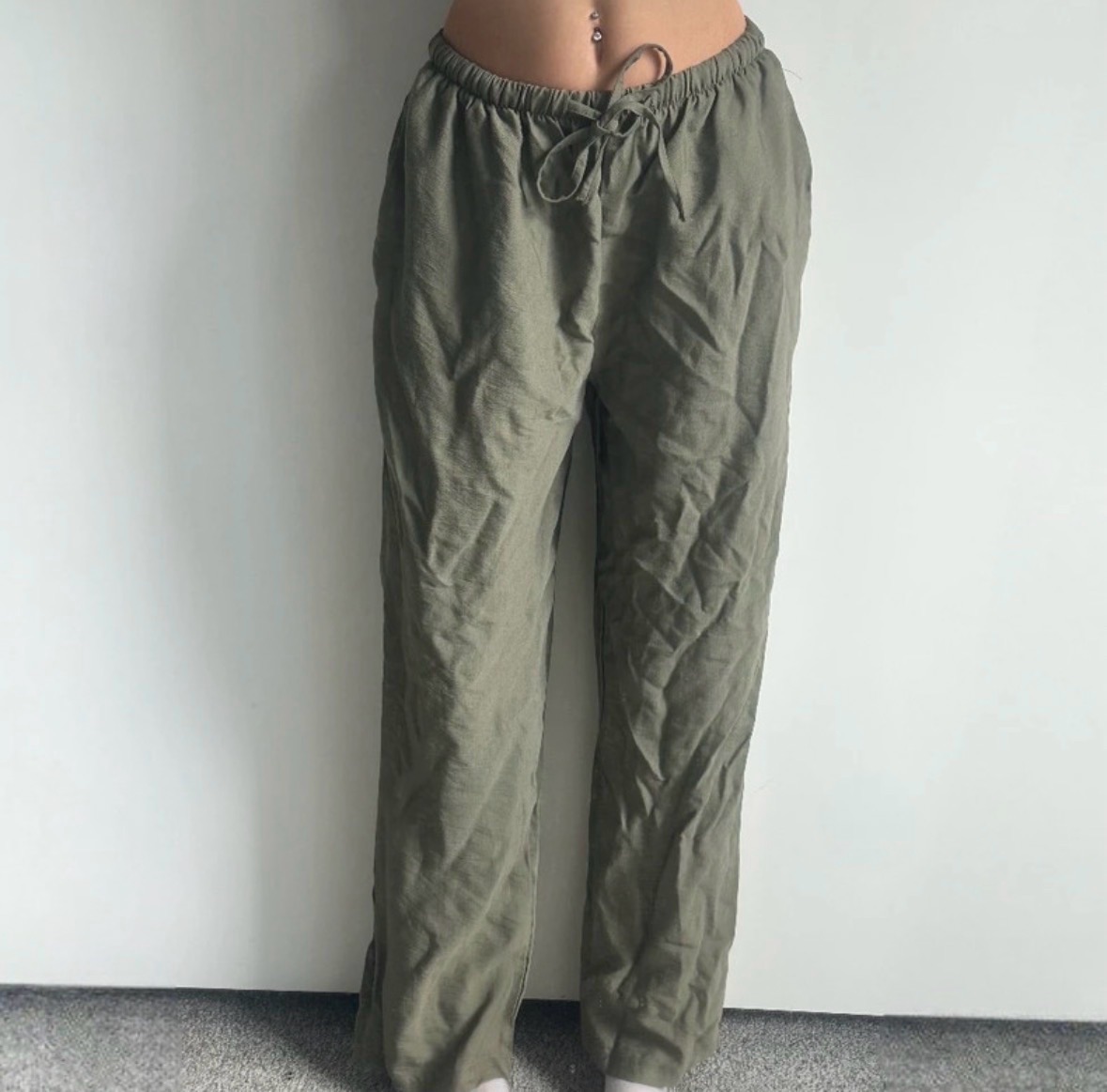 Vintage Y2K Khaki linen blend drawstring wide leg summer casual trousers olive green size XS