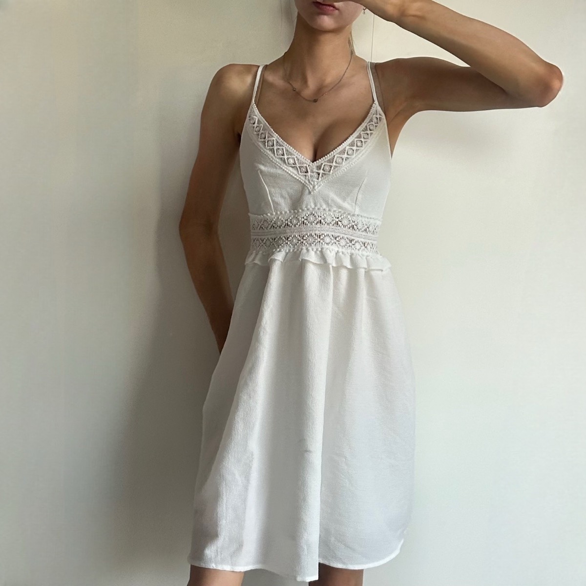 Shein white lace linen feel summer mini dress v neck strappy size XS