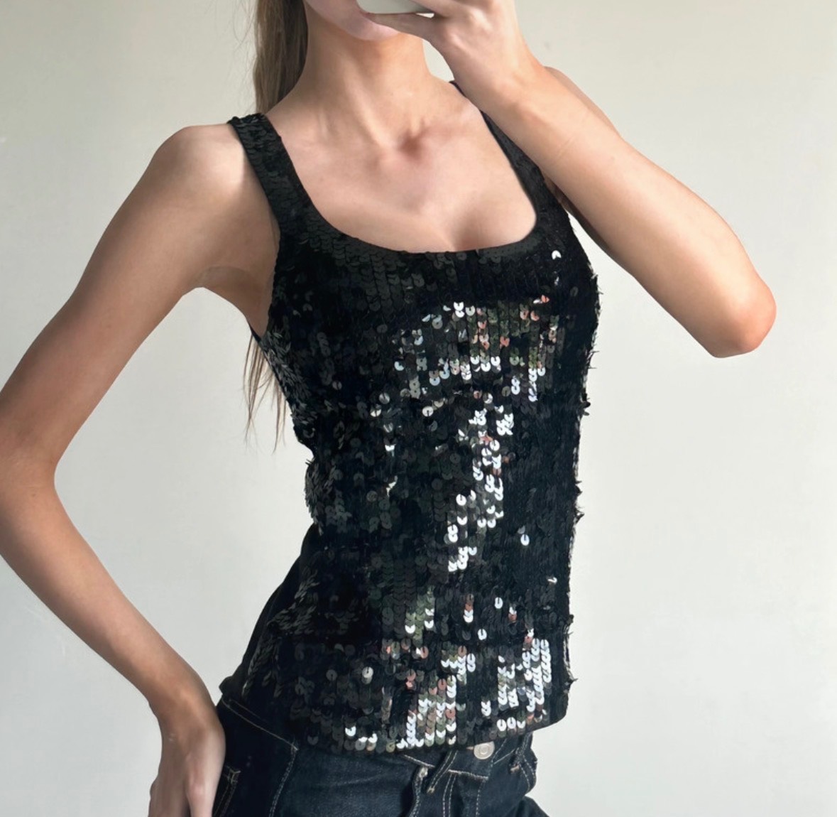Vintage Smart Set black sequin fitted cami top ibiza festival summer size medium