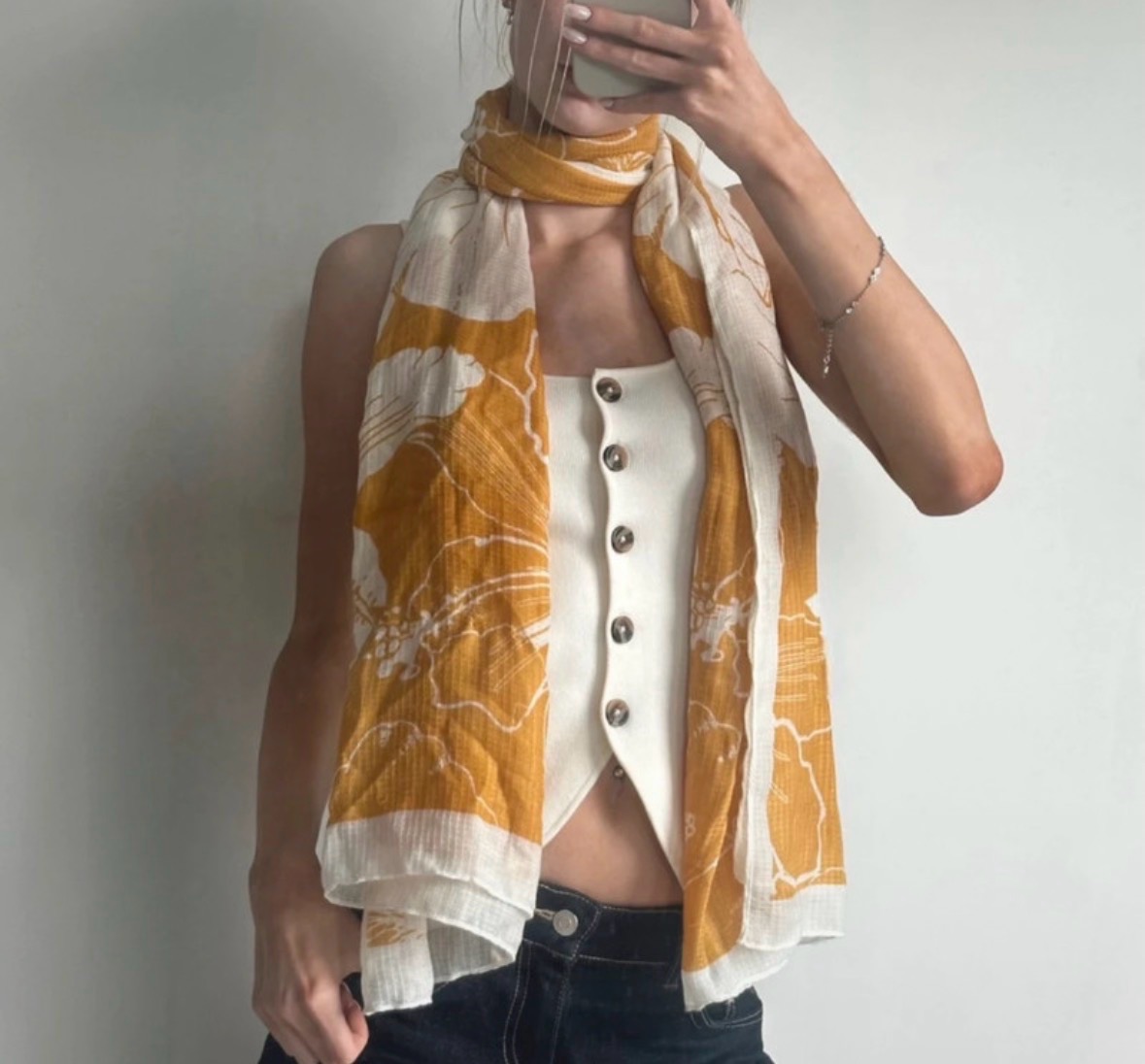 Vintage Dressing: Mustard Yellow Floral Print Lightweight Scarf Boho Retro Summer Accessory