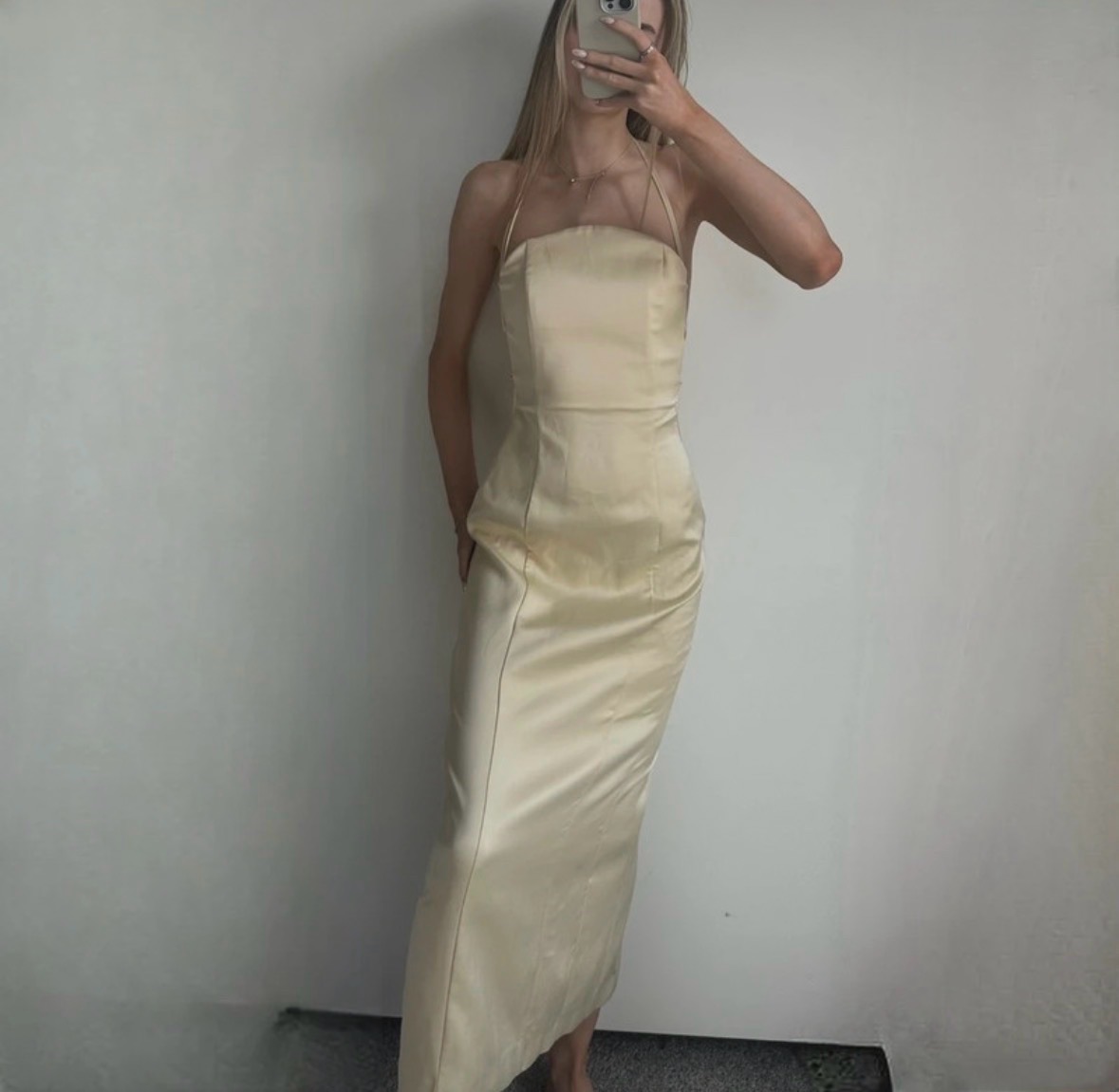 Deadstock Zara Satin Maxi dress butter yellow halter neck evening wedding dress size XS