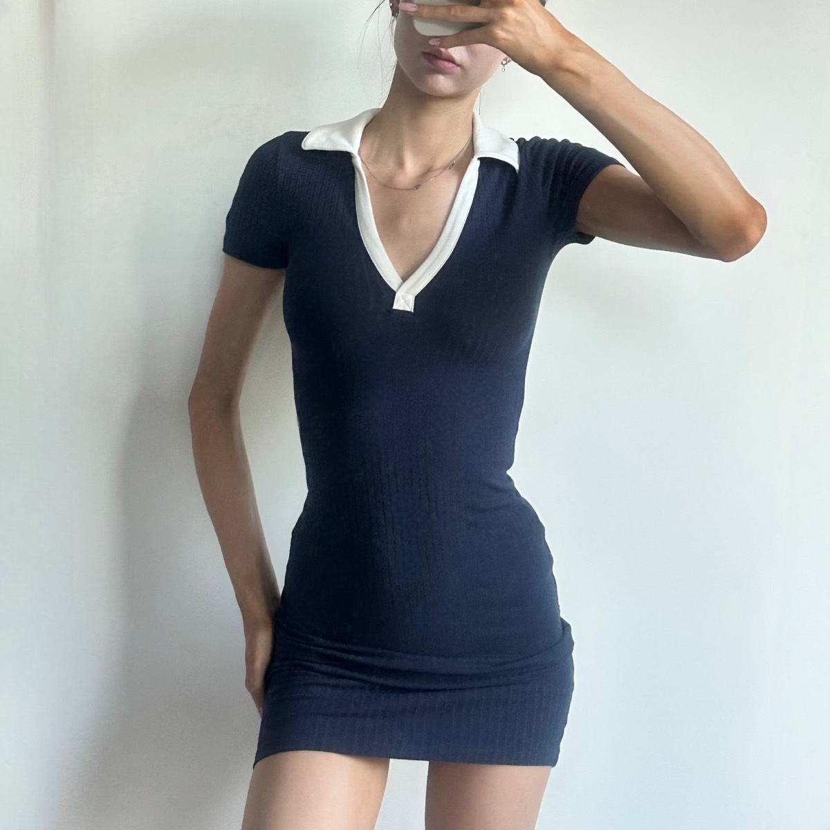 H&M Divided Y2K style navy and white collared ribbed polo mini dress summer size XXS