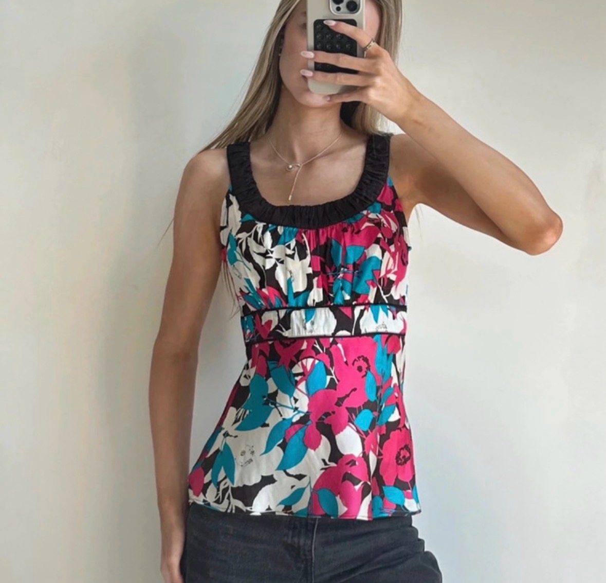 Vintage Monsoon Y2K floral pink brown blue multicoloured silk retro fairy cami size 10