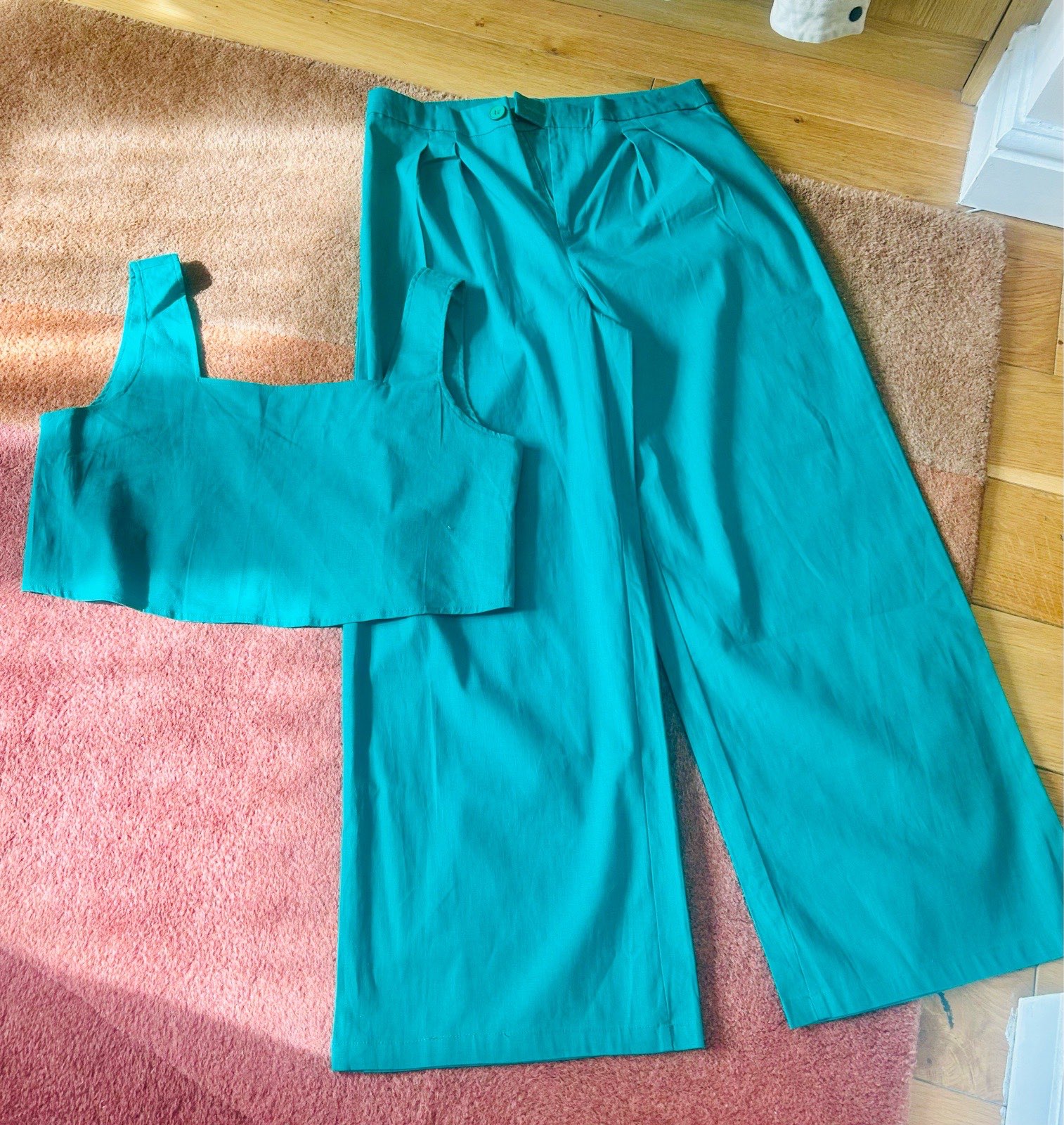 New Turquoise women Linen Wide Leg Trouser +Sleeveless Top 100% Cotton, Size L