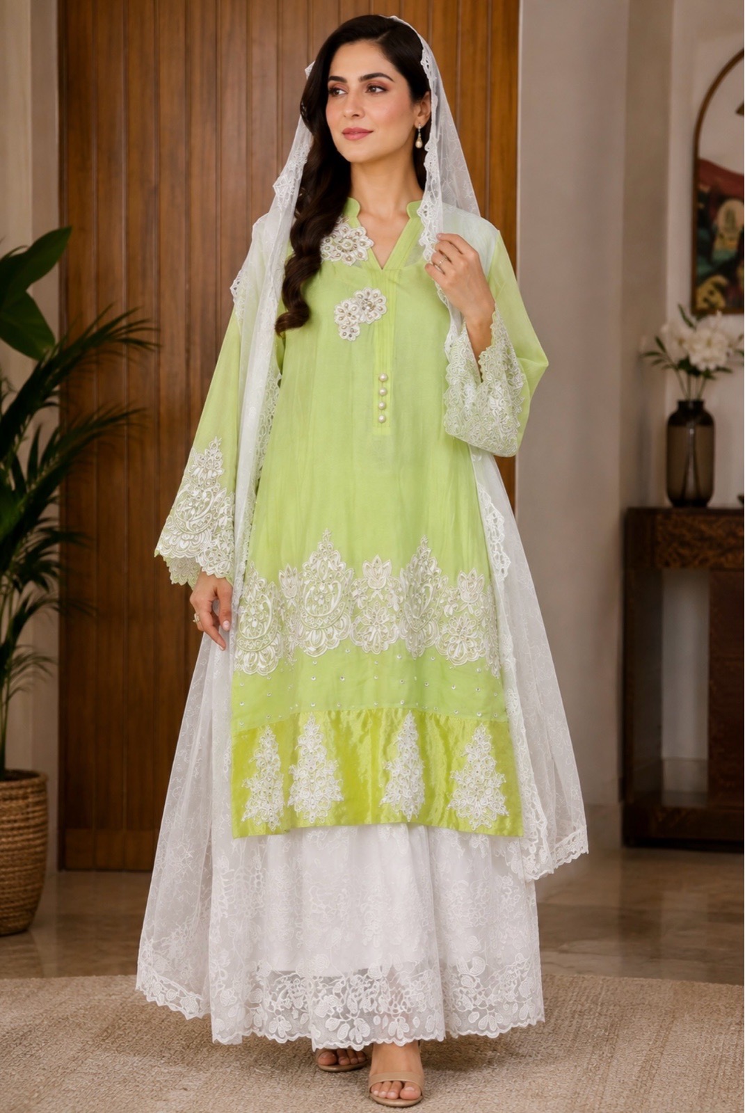 Lime Green & White Pakistani 4 Piece Suit Embroidered Sharara Kameez Party Wear