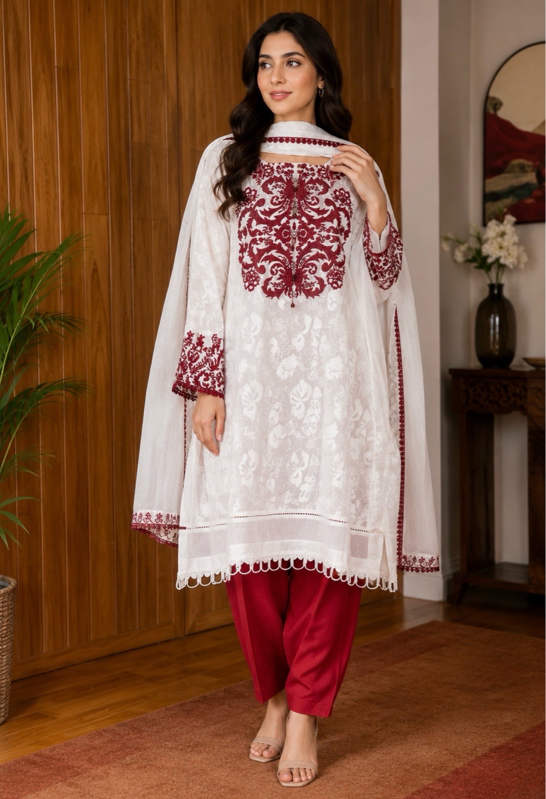 Beautiful Khadi Net Embroidery White,red Shalwar Kameez 3-piece Outfit SizeL VGC