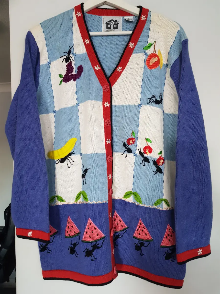 Rare Vintage Storybook Knits Ant & Watermelon Cardigan – Quirky Novelty Knit – Cottagecore