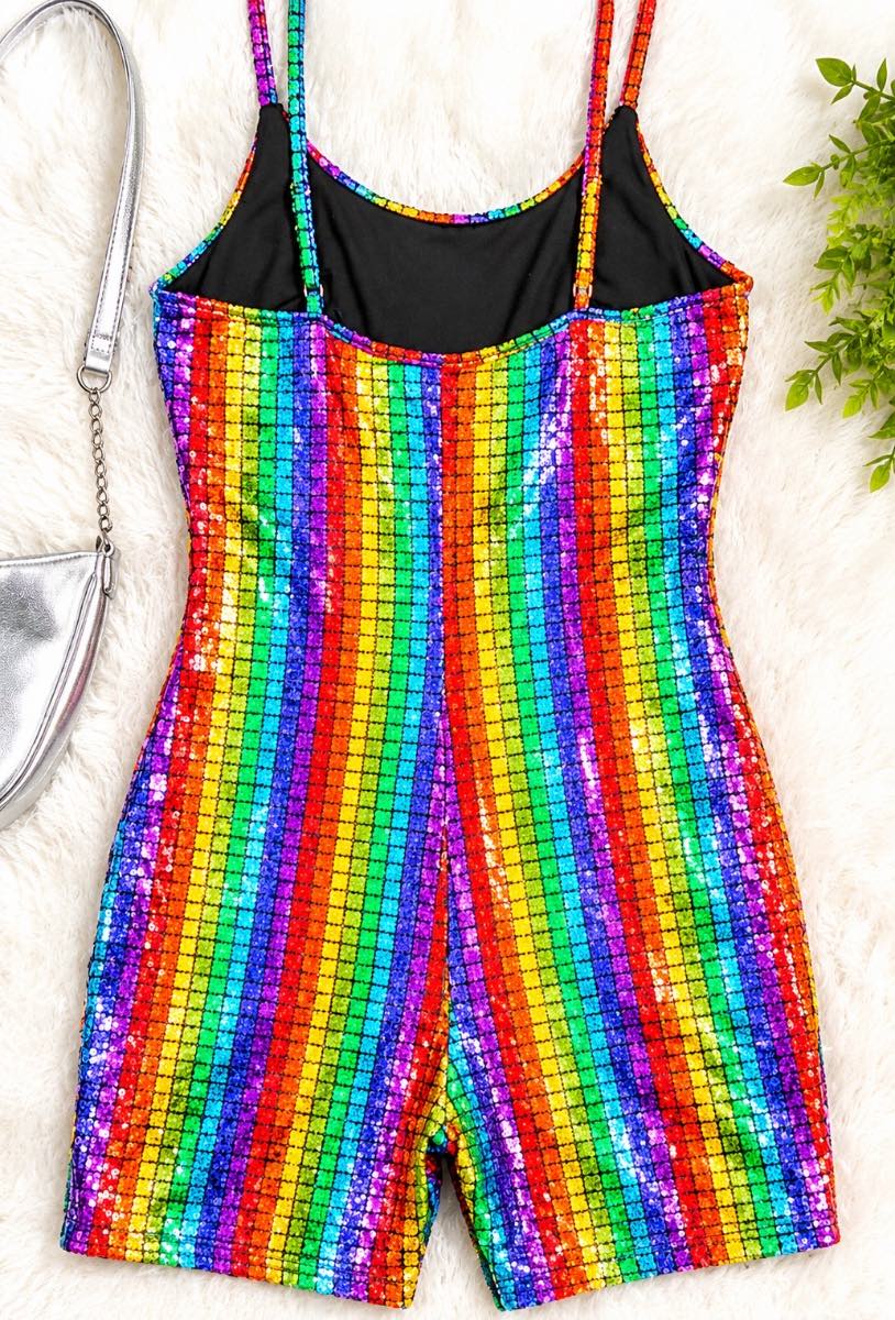 Rainbow Sequin Bodycon Romper – Women’s Sleeveless Shorts Jumpsuit