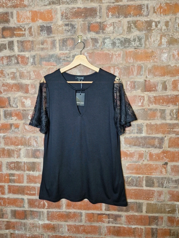 JD Williams Black Lace Sleeve Top Size 10 BNWT V Neck Keyhole Viscose Evening Party