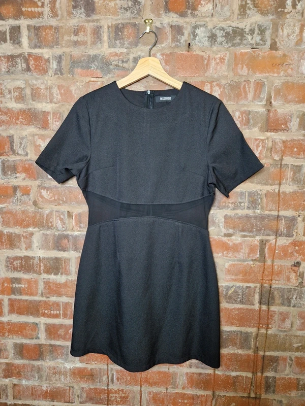 Missguided Black Mini Dress Size 10 Mesh Panel Waist Short Sleeve LBD Party Night Out