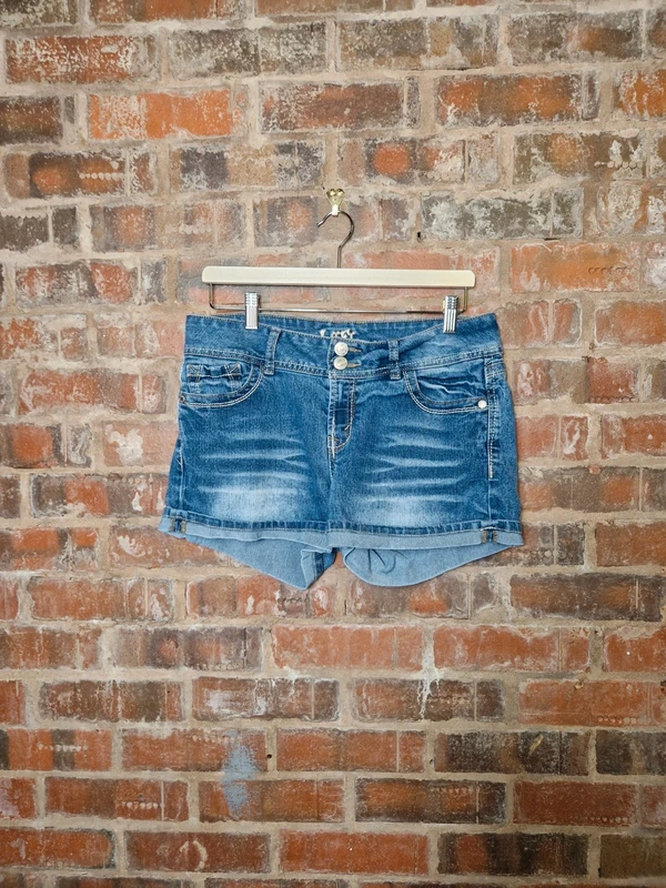 Vintage Y2K WallFlower Denim Mini Shorts Size 10-12 Low Rise Embroidered Pocket Cuffed