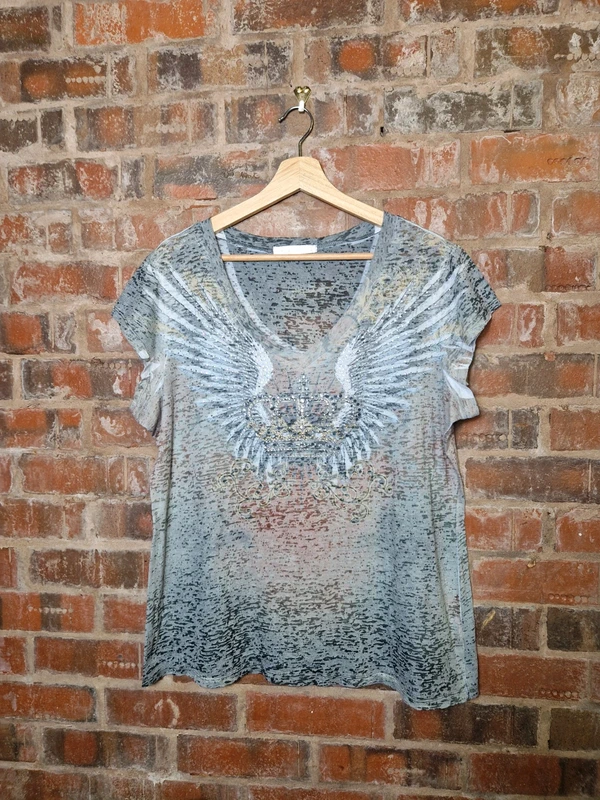 Y2K Angel Wings Skull Burnout T Shirt Women’s 2XL UK 16-18 Grey Gothic Rhinestone Top