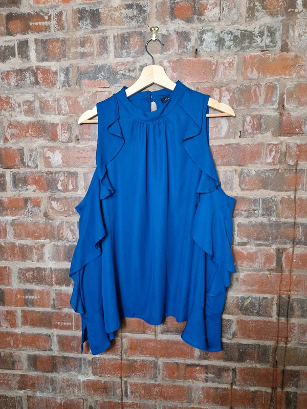 New Look Cobalt Blue Cold Shoulder Ruffle Top Size 12 Sleeveless Party Going Out