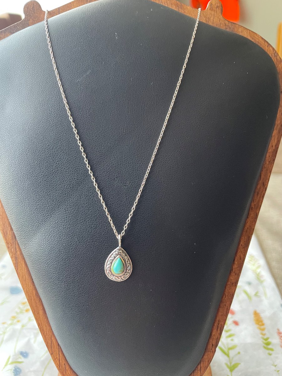 Vintage Sterling Silver Turquoise Teardrop Pendant Necklace