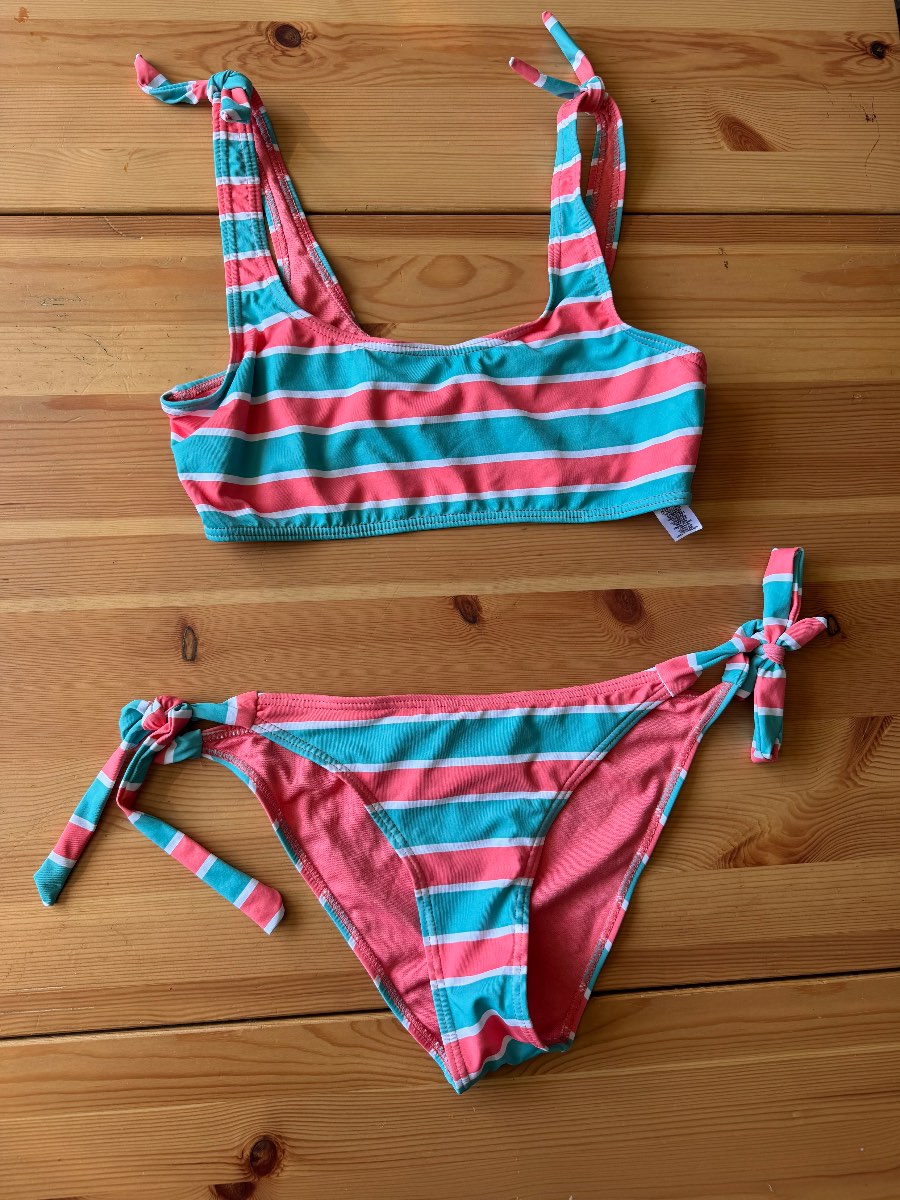 Primark Coral & Turquoise Stripe Bikini Set Tie Shoulder Two Piece Swimwear UK 10
