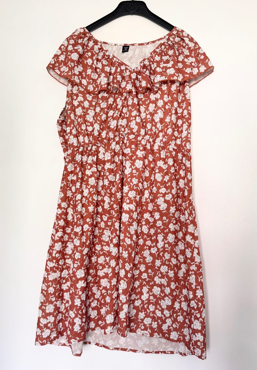 SHEIN Curve Rust Orange Floral Frill Dress UK 22 Plus Size Summer Midi Dress