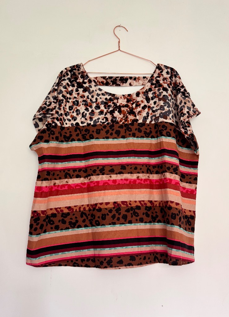 Animal Print Stripe Linen Blend Blouse Top UK 22 Leopard Print Pink Stripe Summer Top