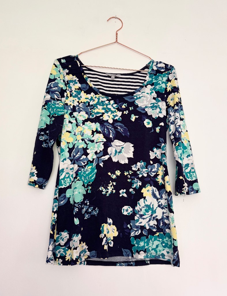 Per Una Navy Floral Print Tunic Top UK 10 Blue Mix ¾ Sleeve Stretch Top